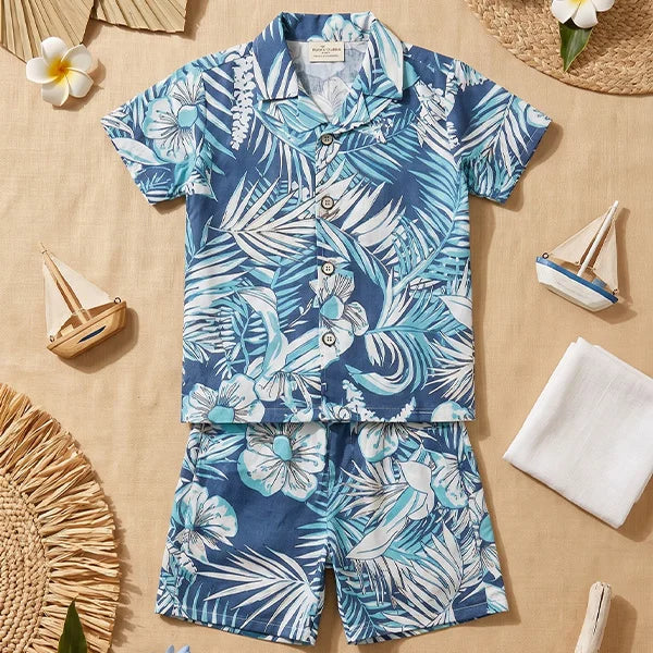Hawaiian-Inspired Men's Tropical Short Set, Blue and White Printed Shirt and Shorts