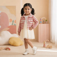 Chic Baby Girls' Jacket and Skirt Set with Ruffled Collar and Heart Buttons - Adorable Red Plaid
