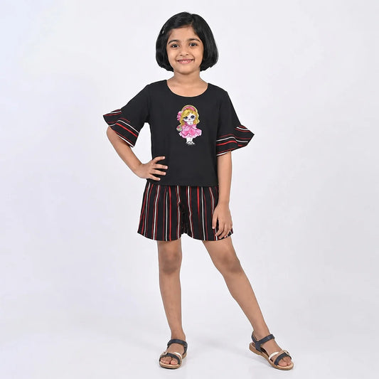 Vintage Black Embroidered Shirt with Red Sleeve Detail - Girls Fashion