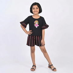 Vintage Black Embroidered Shirt with Red Sleeve Detail - Girls Fashion