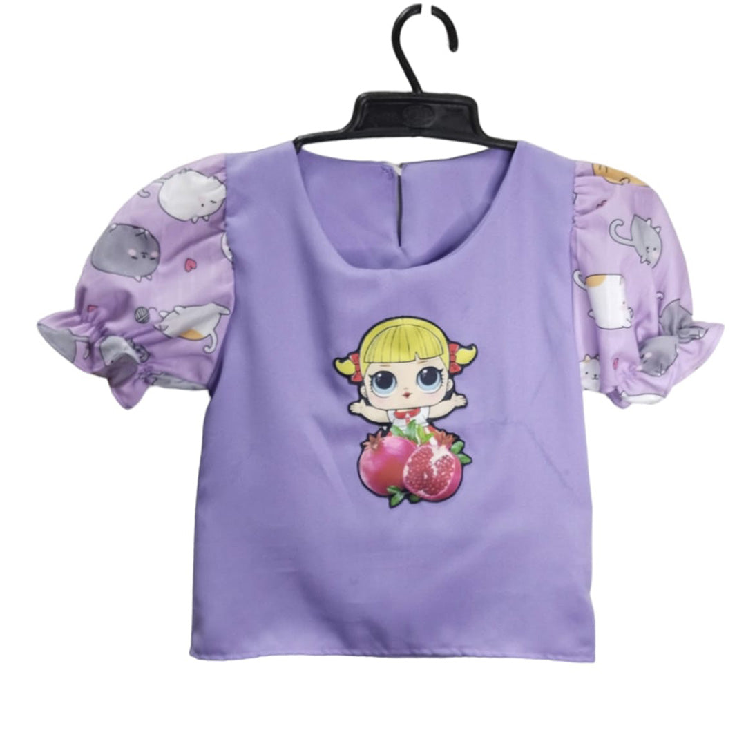Cartoon Cat Pajamas Set with Short Sleeve Shirt - Girls' Baby Doll Clothes, Purple Toddler Outfit