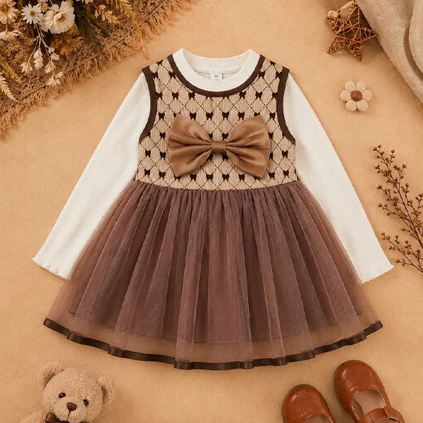 Adorable Brown Bow Baby Dress with Lace Trim & Ruffle Sleeve (Pink Flowers, Romper Set)