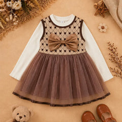 Adorable Brown Bow Baby Dress with Lace Trim & Ruffle Sleeve (Pink Flowers, Romper Set)