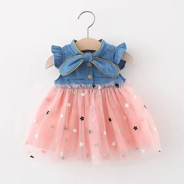 Adorable Blue Baby Girl Skirted Tunic with Pink Stars and Bow