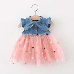Adorable Blue Baby Girl Skirted Tunic with Pink Stars and Bow