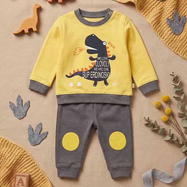 Baby Dinosaur Long-Sleeve Jumpsuit and Onesie with Yellow Eggs Design (2pc Set)
