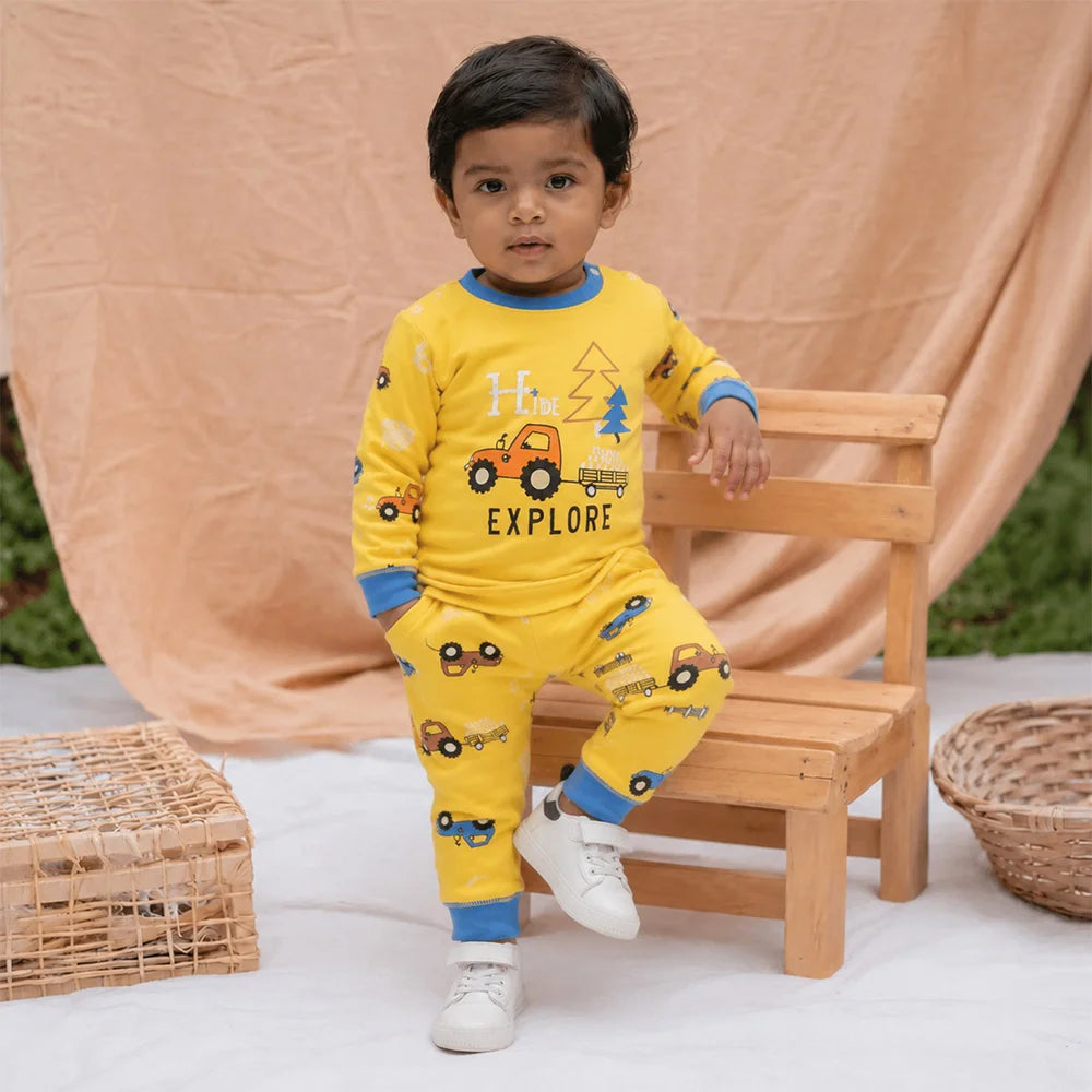 Explore Kids Pajamas Set - Cartoon Truck & Campfire Sleepwear (2-Piece Set)
