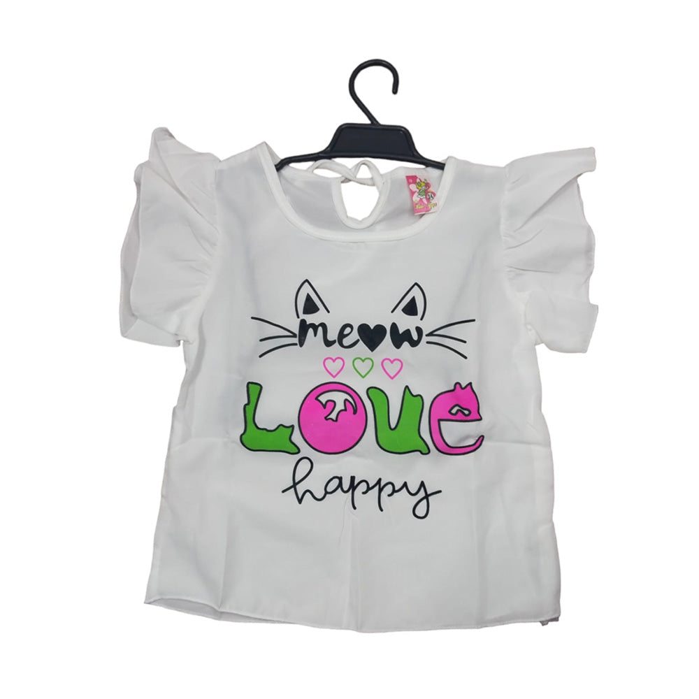 Cat-themed baby romper with yellow suspenders and ruffle trim