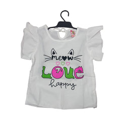 Cat-themed baby romper with yellow suspenders and ruffle trim