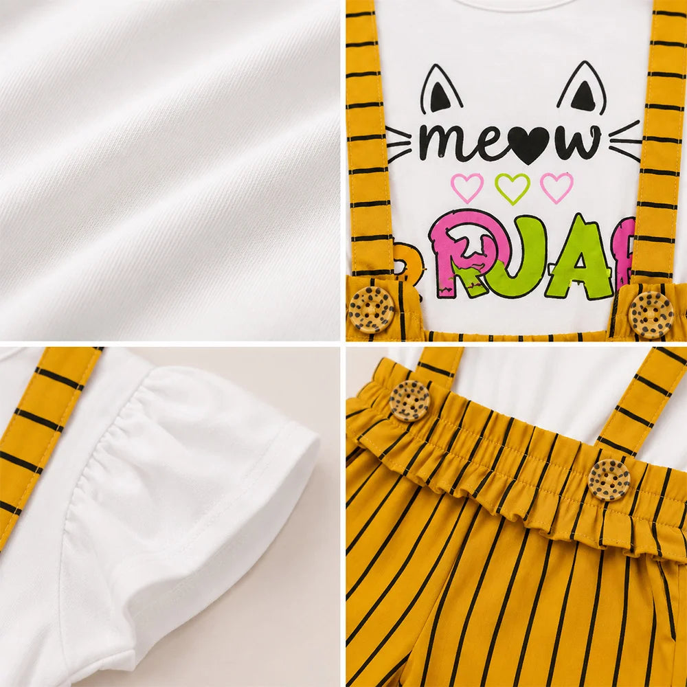 Cat-themed baby romper with yellow suspenders and ruffle trim