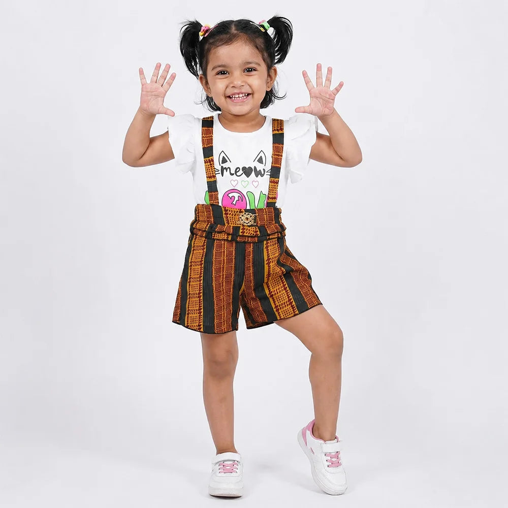 Colorful Patterned Overalls with Cat Print T-shirt
