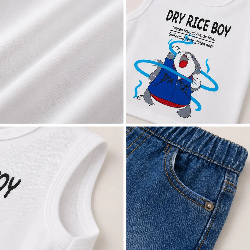 Adorable Baby's Dry Rice Boy Denim Tank & Jeans Outfit