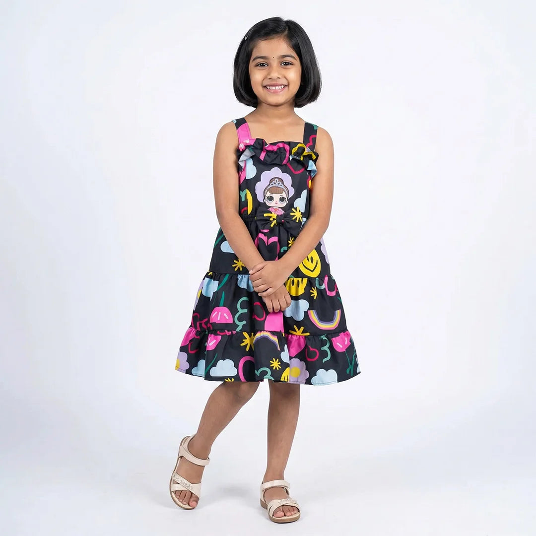 Black Dress with Colorful Prints and Pockets, Girls' Party Outfit