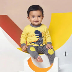 Baby Dinosaur Long-Sleeve Jumpsuit and Onesie with Yellow Eggs Design (2pc Set)