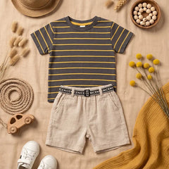 Fashionable Striped T-shirt with Cute Shorts Set, Kids' Summer Outfit Set (Cotton, Yellow and Gray Stripes)