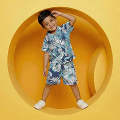 Hawaiian-Inspired Men's Tropical Short Set, Blue and White Printed Shirt and Shorts