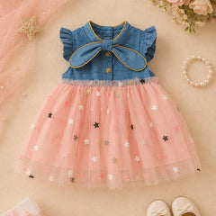 Adorable Blue Baby Girl Skirted Tunic with Pink Stars and Bow