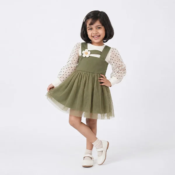 Elegant Baby Girl Dress | Pastel Green Chiffon with White Polka Dots | Floral Jumper
