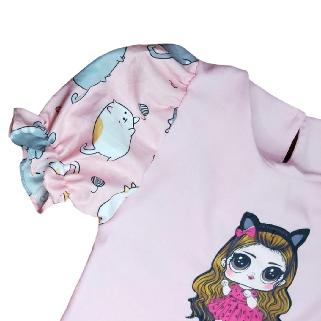 Adorable Girls One-piece Pajama, Funny Cats Design, Short Sleeve