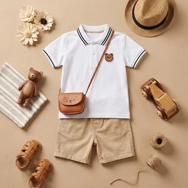 Infant Uniform with Teddy Bear Accessories - Classic White Polo with Brown Stripes
