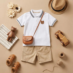 Infant Uniform with Teddy Bear Accessories - Classic White Polo with Brown Stripes