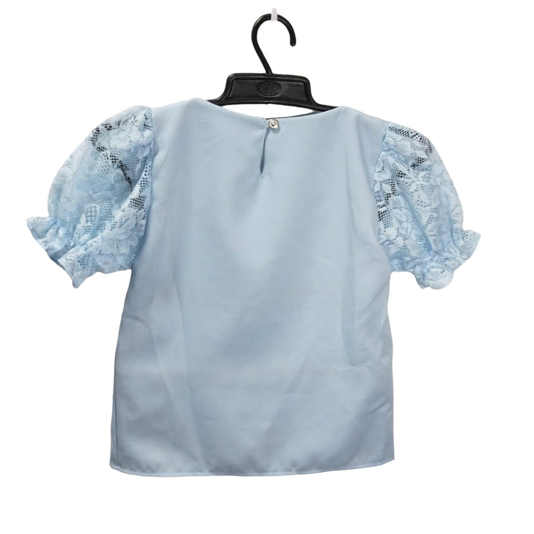 Blue Floral Lace Child's Dress with Ruffle Sleeeves - Girls' Party Dress