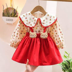 Red Ruffled Baby Shirt with Teddy Bear Bow and Bib