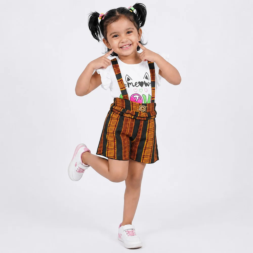 Colorful Patterned Overalls with Cat Print T-shirt