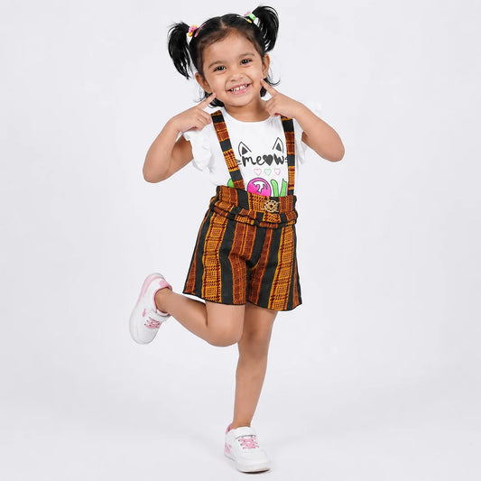 Colorful Patterned Overalls with Cat Print T-shirt