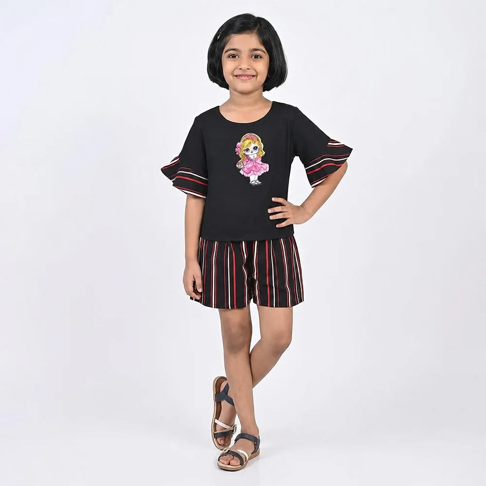 Vintage Black Embroidered Shirt with Red Sleeve Detail - Girls Fashion