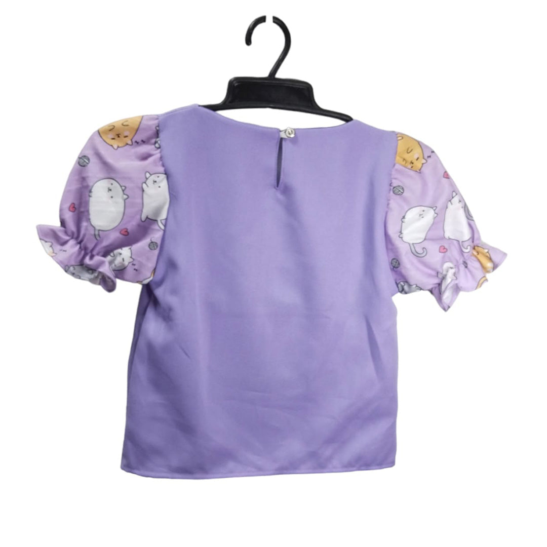 Cartoon Cat Pajamas Set with Short Sleeve Shirt - Girls' Baby Doll Clothes, Purple Toddler Outfit