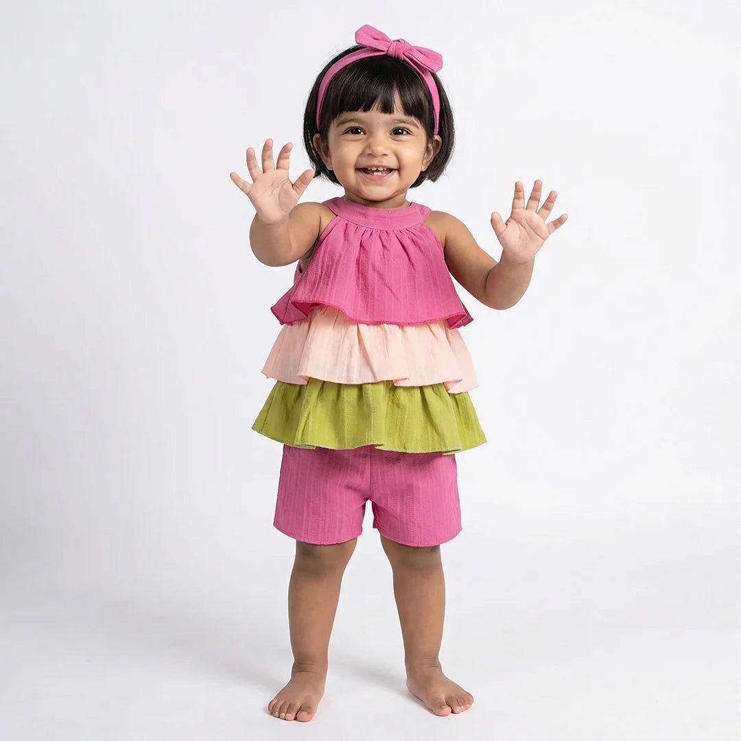 Kids Summer Fashion Set - Colorful Ruffle Romper, Pink & Green Shorts.