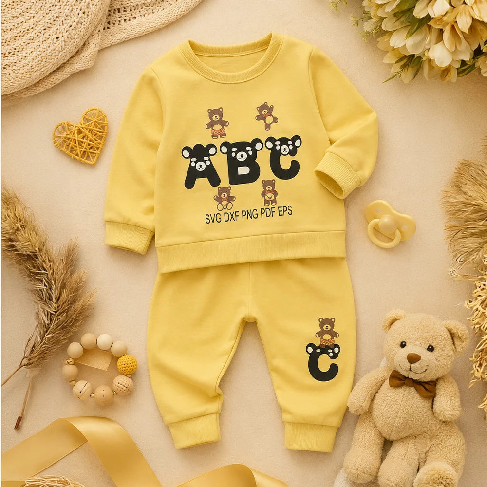 Yellow Baby Onesie with ABC and Bear Pattern | Kids Clothing Set