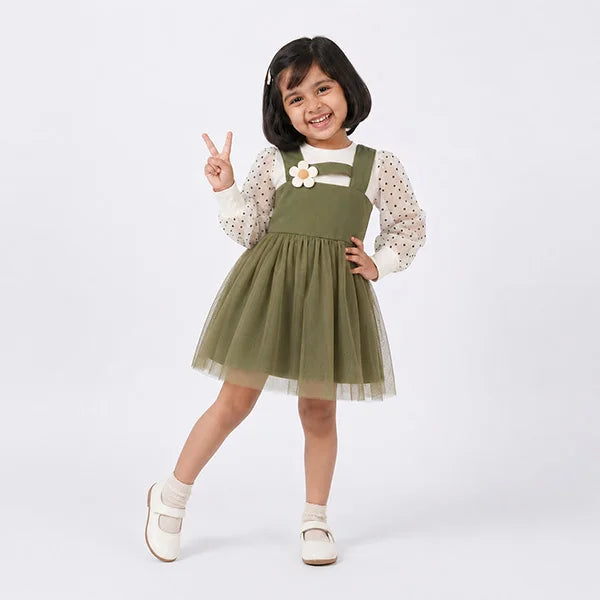 Elegant Baby Girl Dress | Pastel Green Chiffon with White Polka Dots | Floral Jumper
