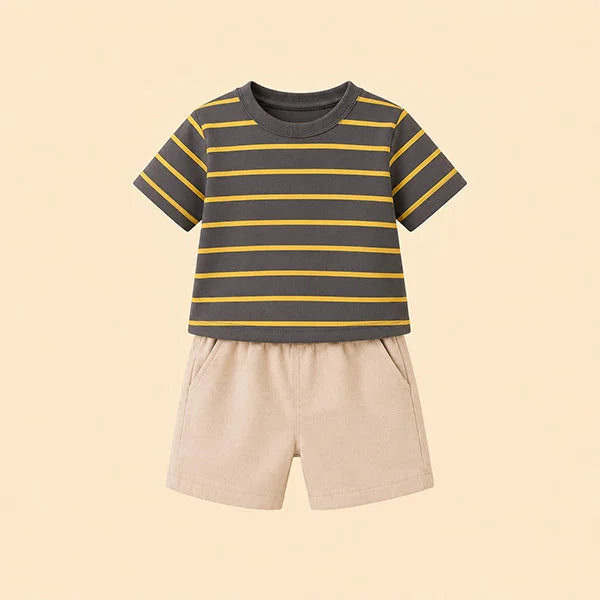 Fashionable Striped T-shirt with Cute Shorts Set, Kids' Summer Outfit Set (Cotton, Yellow and Gray Stripes)