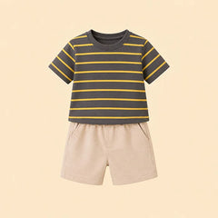 Fashionable Striped T-shirt with Cute Shorts Set, Kids' Summer Outfit Set (Cotton, Yellow and Gray Stripes)