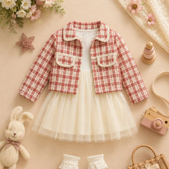 Chic Baby Girls' Jacket and Skirt Set with Ruffled Collar and Heart Buttons - Adorable Red Plaid