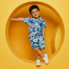 Hawaiian-Inspired Men's Tropical Short Set, Blue and White Printed Shirt and Shorts