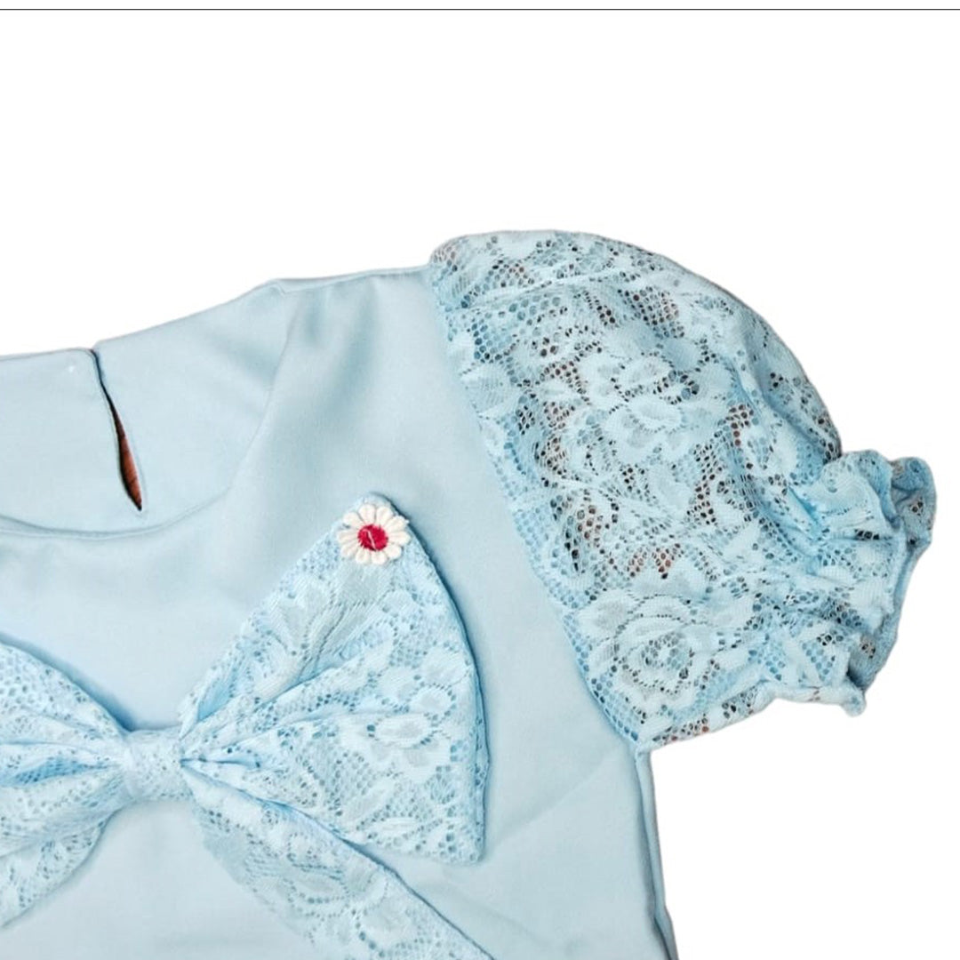 Blue Floral Lace Child's Dress with Ruffle Sleeeves - Girls' Party Dress