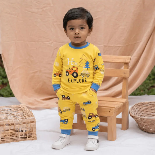 Explore Kids Pajamas Set - Cartoon Truck & Campfire Sleepwear (2-Piece Set)