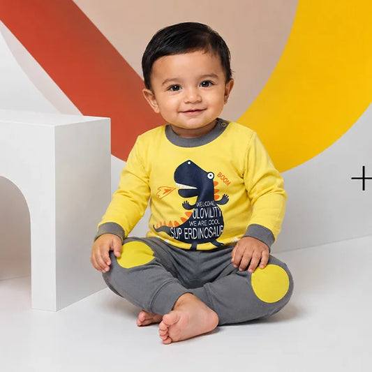 Baby Dinosaur Long-Sleeve Jumpsuit and Onesie with Yellow Eggs Design (2pc Set)