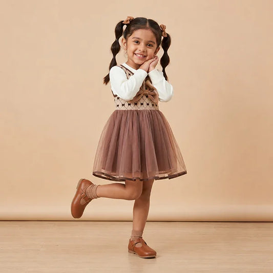 Adorable Brown Bow Baby Dress with Lace Trim & Ruffle Sleeve (Pink Flowers, Romper Set)