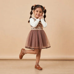 Adorable Brown Bow Baby Dress with Lace Trim & Ruffle Sleeve (Pink Flowers, Romper Set)