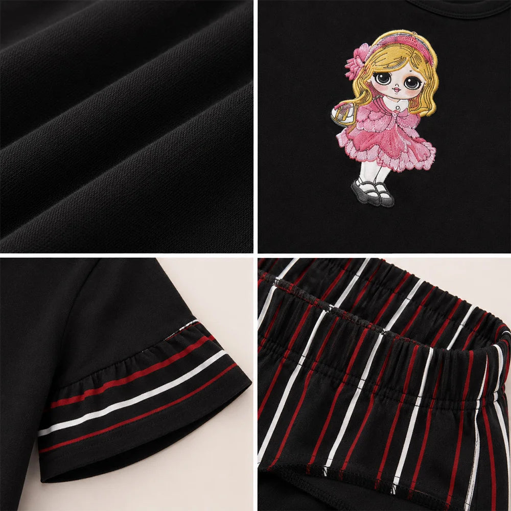 Vintage Black Embroidered Shirt with Red Sleeve Detail - Girls Fashion