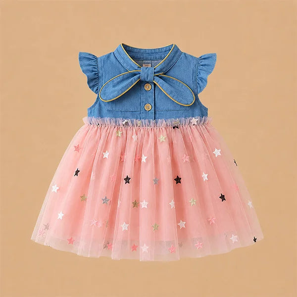 Adorable Blue Baby Girl Skirted Tunic with Pink Stars and Bow