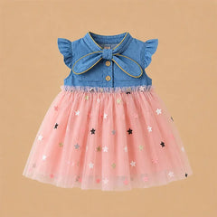 Adorable Blue Baby Girl Skirted Tunic with Pink Stars and Bow