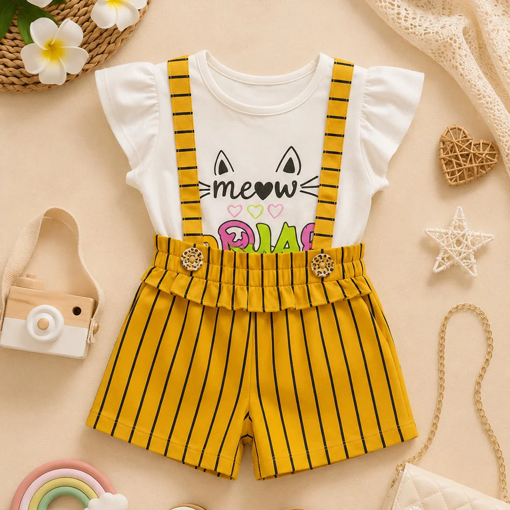 Cat-themed baby romper with yellow suspenders and ruffle trim
