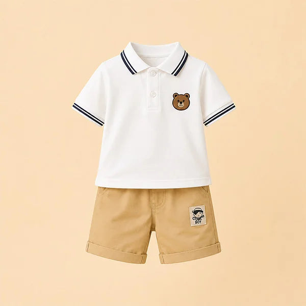 Infant Uniform with Teddy Bear Accessories - Classic White Polo with Brown Stripes