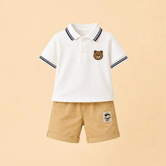 Infant Uniform with Teddy Bear Accessories - Classic White Polo with Brown Stripes