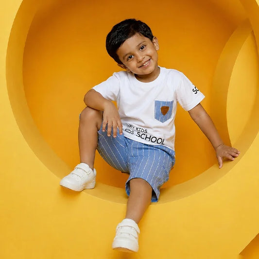 Adorable Kids Pajamas Set with Hilarious School Tee - Perfect for Back-to-School Fun! (White and Blue)